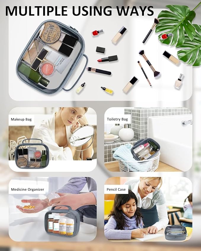 Moyad TSA Approved Clear Toiletry Bag with Handle, 2 Pack Quart Size 3-1-1 Liquids Pouch for Travel, Transparent Makeup & Cosmetic Organizer for Women Men, Grey