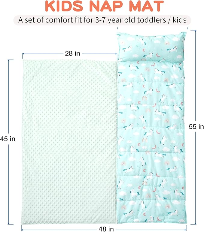 Bunnikins & Clover Toddler Nap Mat with Removable Pillow, Nap Mats for Preschool, Easy Clean Toddler Nap Pad for Kindergarten, Kids Sleeping Bag for Travel Camping