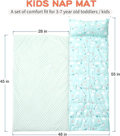 Bunnikins & Clover Toddler Nap Mat with Removable Pillow, Nap Mats for Preschool, Easy Clean Toddler Nap Pad for Kindergarten, Kids Sleeping Bag for Travel Camping