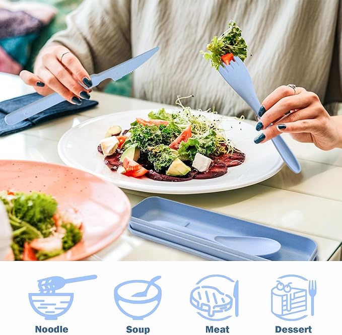 4 Set Reusable Utensils Set with Case, Travel Utensils with Case, Reusable Plastic Spoons and Forks Sets for Lunch Box Accessories, Portable Cutlery Set for Kids Adults Picnic Camping Work Use