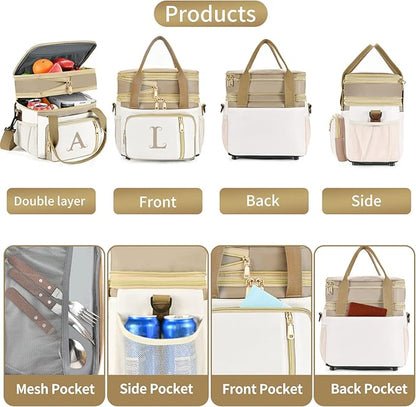 LOKASS Personalized Lunch Bag for Women Work, 16L Initial Insulated Lunch box for Adult/Womens Gift, Leakproof Personalized Gift Lunchbag with Adjustable Shoulder Strap, Cooler Bag Beige - R