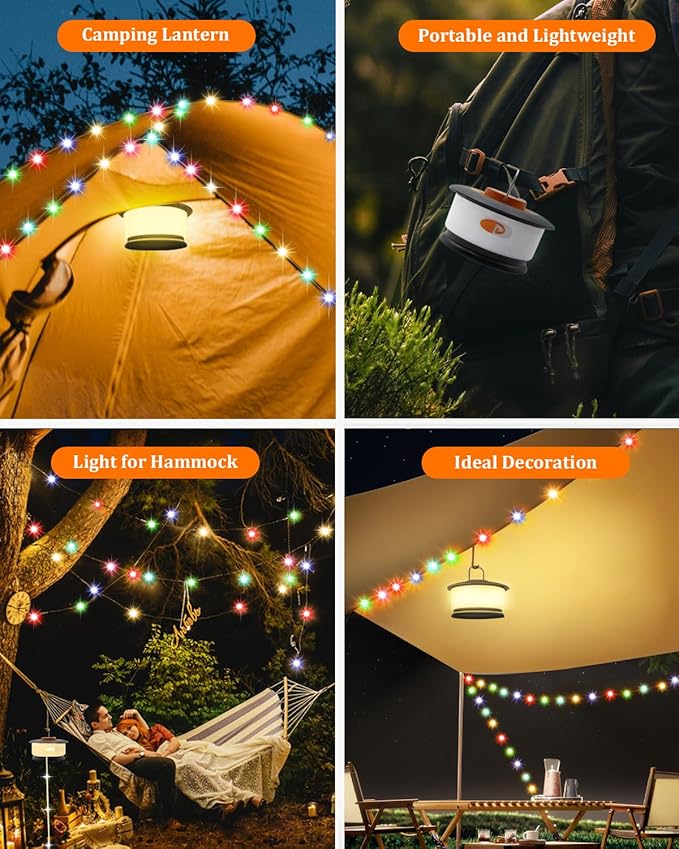 Camping String Lights Outdoor with Music Sync, Quick Storage LED String Lights with 7 RGB Color & 12 Mode Tent Lights, Portable Camping Lantern Waterproof Camping Light for Camping Essentials (Black)