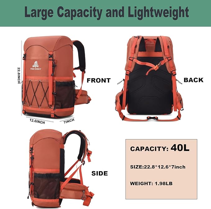 Bseash 40L Waterproof Hiking Backpack with Rain Cover, Outdoor Sport Travel Bag Daypack for Camping Climbing Skiing Cycling (Orange)