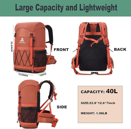 Bseash 40L Waterproof Hiking Backpack with Rain Cover, Outdoor Sport Travel Bag Daypack for Camping Climbing Skiing Cycling (Orange)