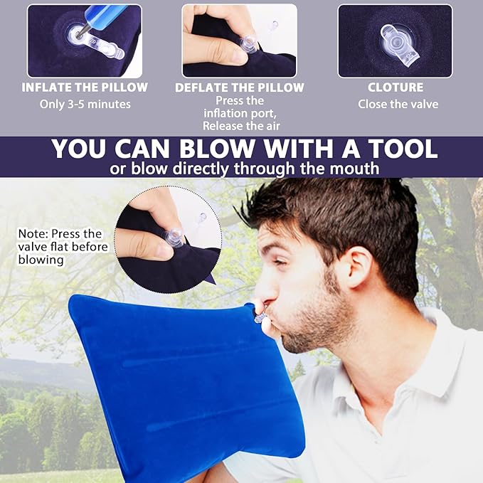 2 Pack Ultralight Inflatable Camping Pillows for Sleeping & Travel, Camp Pillow Backpacking for Sleeping, Inflatable Beach Ergonomic Pillows for Camping Hiking Home Sleeping (Blue+Gray)