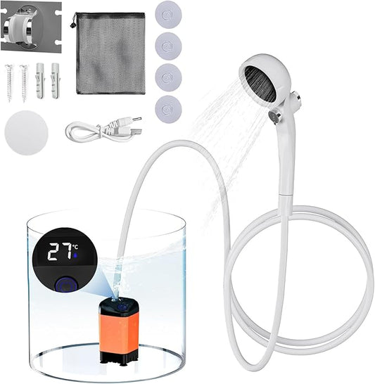 Portable Camp Shower, Camping Shower Pump with 4800mah USB Rechargeable Batteries, Carryable Temperature Display Shower for Camping, Hiking, Traveling