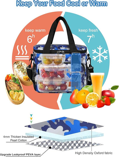 Femuar Lunch Bags for Women/Men, Insulated Lunch Bag for Work Office - Lunch Cooler Bag Leakproof Lunch Box with Adjustable Shoulder Strap - Blue Camouflage