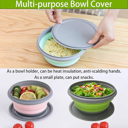 RMAMSCOV Camping Bowl, 3 PCS Food Grade Silicone Collapsible Bowl Lunch Box Salad Bowl with Lid, Expandable Food Storage Containers Set with Free folding tableware and storage bag (Green-600ml)