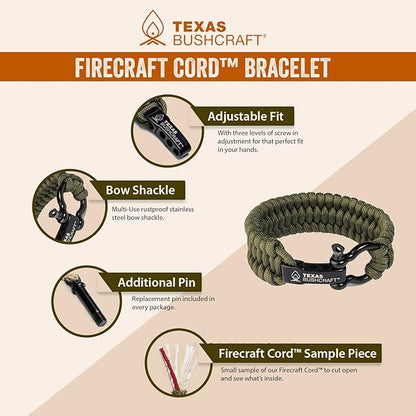 Texas Bushcraft Fire Starter Survival Kit - Ferro Rod Flint Fire Steel, Striker Tool | Cowhide Leather Tinder Bag | Emergency Paracord Bracelet Camping Gear