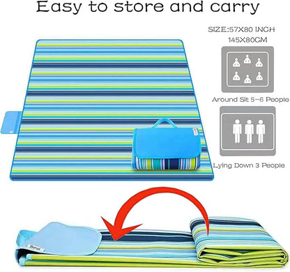 K Y KANGYUN Beach Blanket Outdoor Picnic Blanket Mat 80"x60" Extra Large Waterproof Sand Proof Camping Blanket Lightweight Folding Portable Travel Blanket for Family Park Beach Grass (Blue Line)