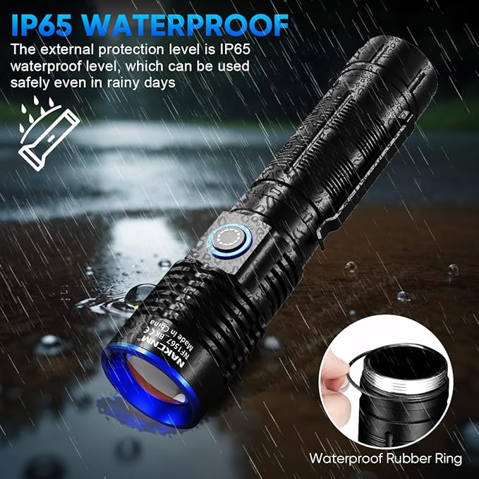NAKCNM Magnetic Flashlight LED Rechargeable Flashlights High Lumens, 25000lm 4 Modes with Clip&Diffuser, Waterproof Super Bright Flashlights for Home Emergency Camping, Dimmable (Black+Silver)