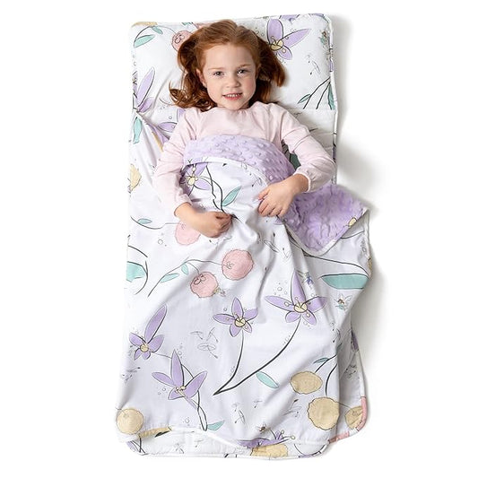 JumpOff Jo - Toddler Nap-Mat - Sleeping Bag for Kids with Removable Pillow and Ultra Soft Blanket for Preschool, Daycare, and Sleepovers - Fairy Blossoms