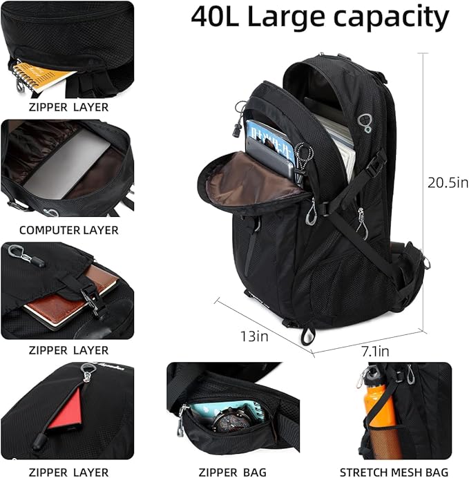 40L Waterproof Lightweight Hiking,Camping,Travel Backpack for Men Women
