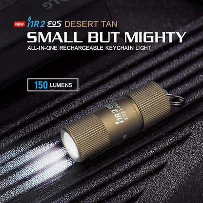 OLIGHT i1R 2 EOS 150 Lumens Tiny Rechargeable Keychain Flashlight EDC Mini LED Keyring Light with Built-in Battery for Camping Hiking Dog Walking etc (Desert Tan)