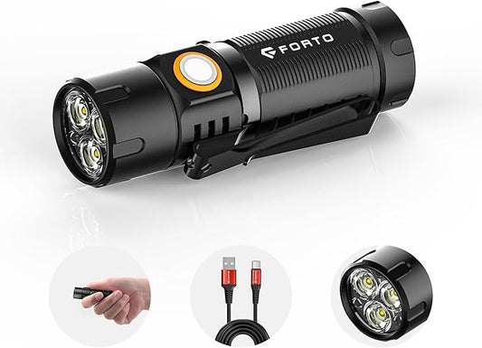 FORTO Mini Flashlight，LED Rechargeable Flashlight, 1000 Lumens Small Handheld Pocket Flashlight for EDC, Camping, Hunting, Hiking with 2 Light Modes, Water Resistant, Removable Clip, Black