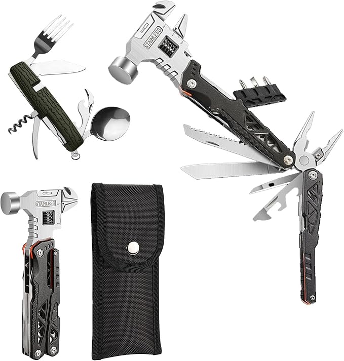 18-in-1 Adjustable Wrench Multitool Hammer, with 7-in-1 Camping Utensils Flatware Set, All-in-One Survival Camping Multi Tool, Hiking, and Everyday Use(Black)