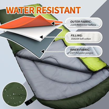 XL 10 Degree Sleeping Bags Waterproof for Adults 350GSM Machine Washable with Compression Sack for 3-4 Season Camping Outdoor
