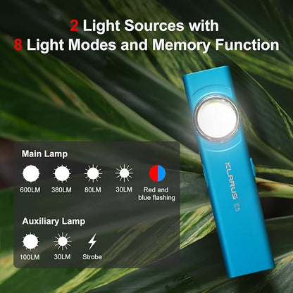 klarus E5 Pocket Flashlight, Rechargeable EDC Flashlight, Super Slim Flat 4.2x1x0.3inch, 470 Lumens, USB-C Port, IPX4, Dual Light Source with Magnetic Base, Hat & Clothes Clip - Blue
