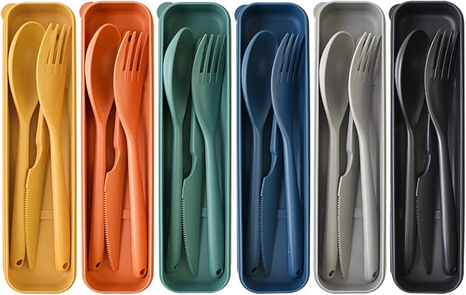 Reusable Utensils Set with Case, 6Pack Big Plastic Cutlery Set Forks Spoon Tableware Chopsticks, Portable Cutlery Set for Travel Picnic Camping or Daily Use