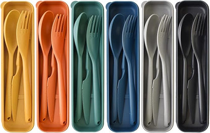 Reusable Utensils Set with Case, 6Pack Big Plastic Cutlery Set Forks Spoon Tableware Chopsticks, Portable Cutlery Set for Travel Picnic Camping or Daily Use