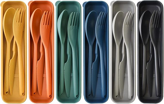 Reusable Utensils Set with Case, 6Pack Big Plastic Cutlery Set Forks Spoon Tableware Chopsticks, Portable Cutlery Set for Travel Picnic Camping or Daily Use