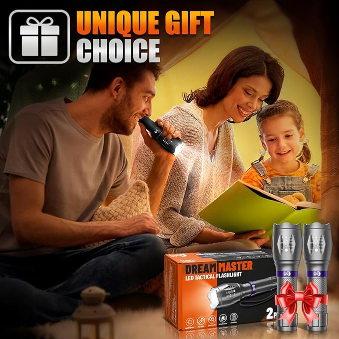 2 Pack LED Flashlights High Lumens with 6 AAA Batteries, 5 Modes Mini Waterproof Tactical Flashlight for Camping Hiking, Bright Flashlight with Zoomable, Fathers Day Dad Gifts for Him, Grey & Purple