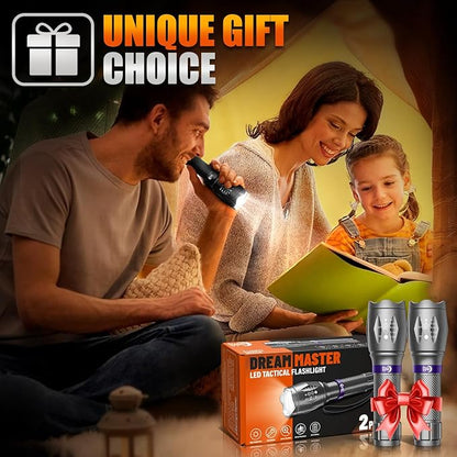 2 Pack LED Flashlights High Lumens with 6 AAA Batteries, 5 Modes Mini Waterproof Tactical Flashlight for Camping Hiking, Bright Flashlight with Zoomable, Fathers Day Dad Gifts for Him, Grey & Purple