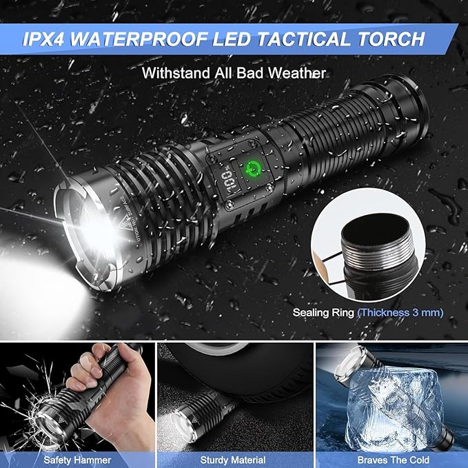 Flashlights High Lumens Rechargeable, 990000 Lumens Super Bright LED Flashlight, Powerful Tactical Flashlights, Brightest Waterproof Zoomable Handheld Flash Light High Powered for Camping Emergencies