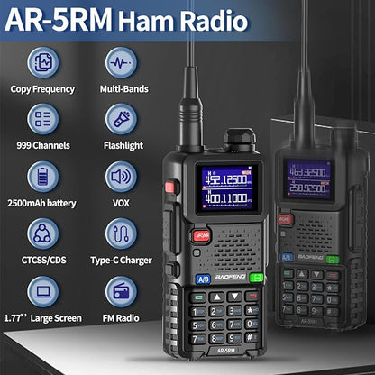 BAOFENG Radio 5RM 10W Ham Radio Long Range (Upgrade of UV-5R) AR-5RM Two Way Radio NOAA Weather Receiver Rechargeable Walkie Talkies UV5R Copy Frequency 999CH With USB Charging 18.89" Tactical Antenna