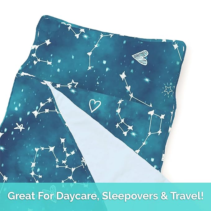 JumpOff Jo - Toddler Nap Mat - Sleeping Bag for Kids with Removable Pillow and Ultra Soft Blanket for Preschool, Daycare, and Sleepovers - Night Sky