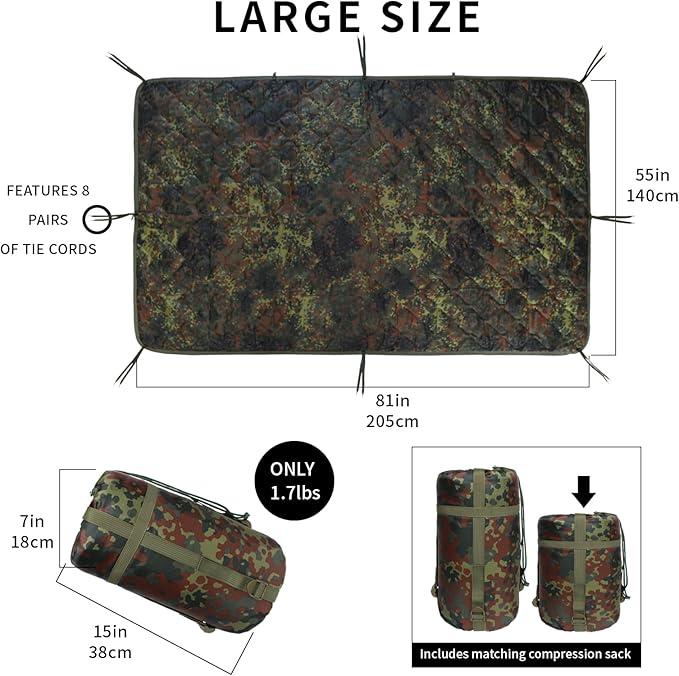 Woobie Blanket, Army Poncho Liner with Zipper, Military Sleeping Bag, with A Compression Carrying Bag, for Hiking, Camping, Outdoor Survival