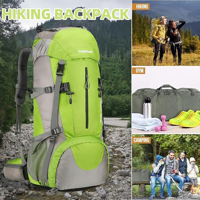 King'sGuard 70L Hiking Backpack Waterproof Camping Backpack with Rain Cover Large Lightweight Backpacking Backpack Daypack for Travel Outdoor -Frameless (Green)