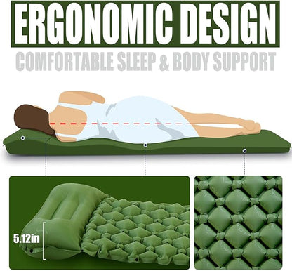 AKSOUL Camping Ultralight Sleeping Pad: Compact Portable Self Inflatable Sleep Mat with Built-in Foot Pump, Lightweight Single Pad for Camping, Traveling, Outdoor Activities (Green)