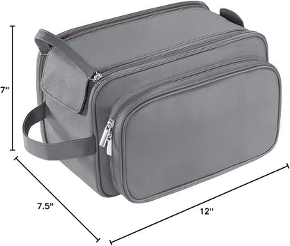 Buruis Extra Large Toiletry Bag for Men, Travel Toiletry Organizer Dopp Kit Water-resistant Shaving Bags, PU Leather Cosmetic Bathroom Shower Bag for Toiletries, Grooming, Accessories (Grey)