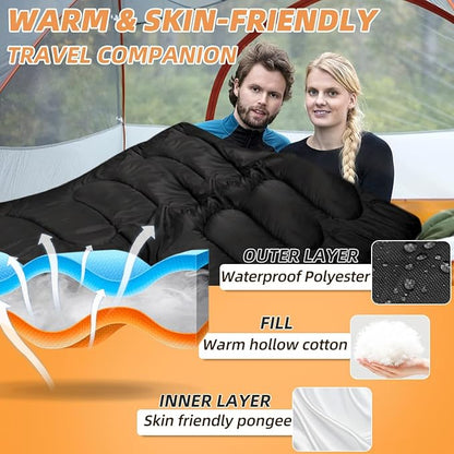 Double Sleeping Bags for Adults, 2 Person Camping Sleeping Bag for Cold Weather & Warm, Queen Size Sleeping Bag with 2 Pillow, Sleep Bag for Camping, Hiking, Backpacking