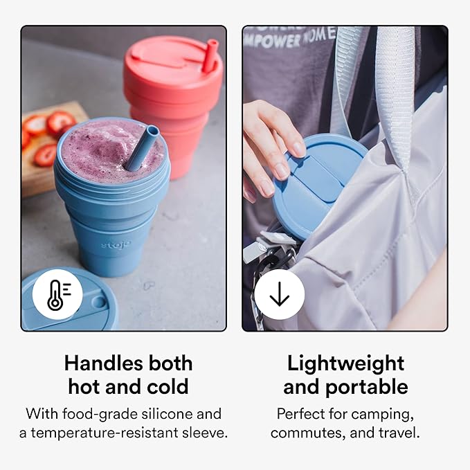 STOJO Collapsible Travel Cup With Straw - Steel Blue, 16oz / 470ml - Reusable To-Go Pocket Size Silicone Bottle for Hot and Cold Drinks - Perfect for Camping and Hiking - Microwave & Dishwasher Safe