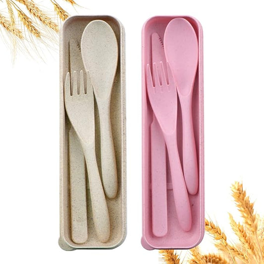 Reusable Travel Utensils Set with Case, 2 Sets Wheat Straw Portable Knife Fork Spoons Tableware, Eco-Friendly BPA Free Plastic Cutlery Travel Picnic Camping Utensils for Kids Adults Daily Use
