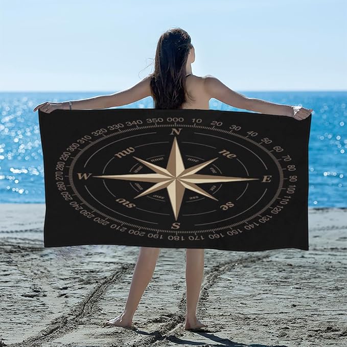 Compass Rose Beach Towel Oversized Quick Dry Beach Blanket Microfiber Sand Free Absorbent Lightweight Artwork Black Bath Towel for Pool Travel Swimming Camping Women Men