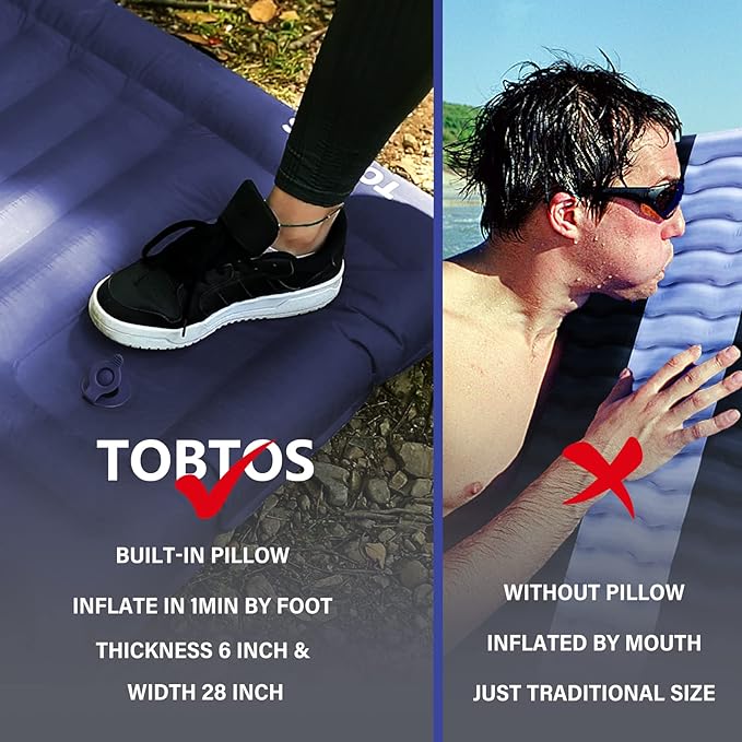 TOBTOS Self Inflating Camping Sleeping Pad with Pillow, Thick 6 Inch Ultralight Sleeping Pad with Built-in Pump, Lightweight Sleeping Mat for Camping, Backpacking, Hiking, Tent (Blue)…