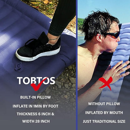 TOBTOS Self Inflating Camping Sleeping Pad with Pillow, Thick 6 Inch Ultralight Sleeping Pad with Built-in Pump, Lightweight Sleeping Mat for Camping, Backpacking, Hiking, Tent (Blue)…