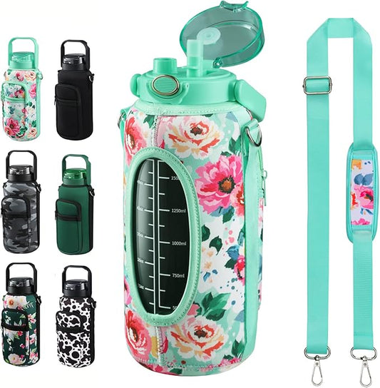 Half Gallon 64oz Glass Water Bottle with Straw and Storage Sleeve Motivational Water Bottle with Strap and Time to Drink 2L Leakproof Reusable Water Jug for Fitness Gym and Outdoors