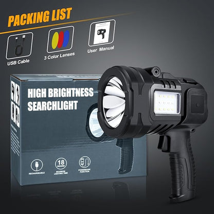 Spotlight Flashlight, 1000,000 Lumens Outdoor Spot Light, LED Rechargeable Spotlight Handheld, 8 Modes with Cob Light, 10800ɱAh, Flashlight for Camping Marine Boating Hunting, IPX6 Waterproof
