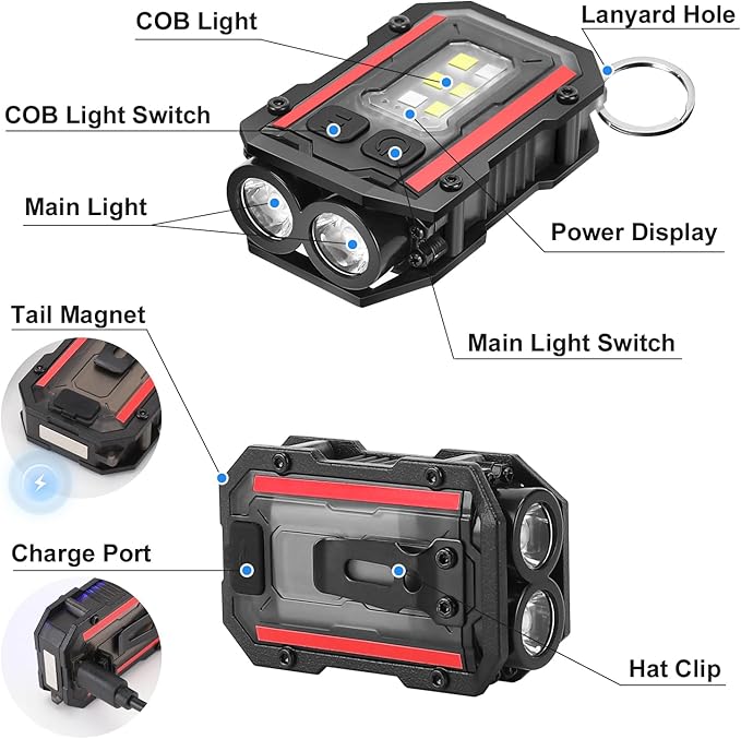 Mini Keychain Flashlight with Clip, 8 Modes Pocket Flash Light, Red Blue COB Side Light, Type-C Rechargeable for Hiking, Camping, Emergency (2, Balck+Black)