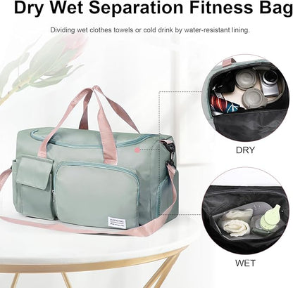 Small Gym Bag for Women, Travel Tote Bag with Compartments, Wet Pocket, Zipper for Dance, Swim, Sports Overnight Bag Green with Pink Handles