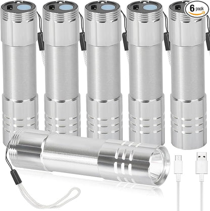 6 Pack LED Aluminum Small Mini USB C Rechargeable Flashlights, Handheld Small Flashlight Bulk for Kids, Portable Camping Bright High Lumens Flashlight Christmas Gifts (Silver)