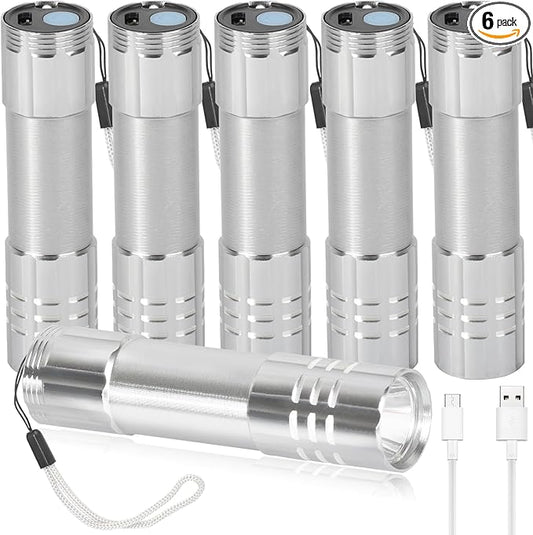 6 Pack LED Aluminum Small Mini USB C Rechargeable Flashlights, Handheld Small Flashlight Bulk for Kids, Portable Camping Bright High Lumens Flashlight Christmas Gifts (Silver)
