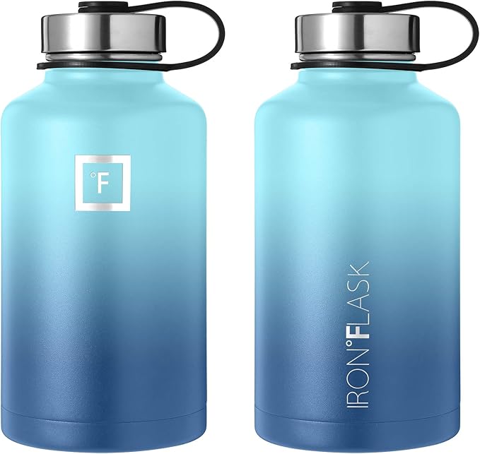 IRON °FLASK Camping & Hiking Hydration Flask, Wide Mouth, 3 Straw Lids, Stainless Steel Outdoor Water Bottle, Double Walled, Insulated Thermos, Metal Canteen - Blue Waves, 64 Oz