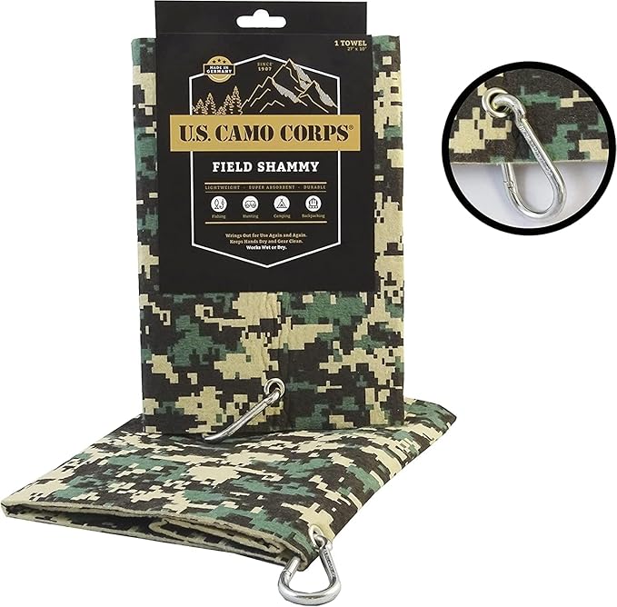 Field Shammy, Super Absorbent 27" x 10" Cloth Holds 12X Its Weight in Liquid, Caribener Clip, Scratch-Free, Eco-Friendly, Machine Washable, Towel for Outdoor and Indoor Use, Green