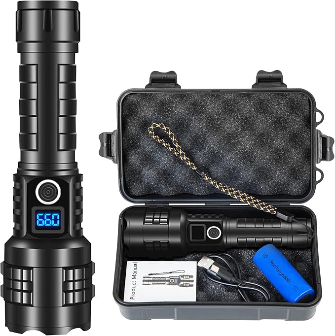 Flashlight High Lumens Rechargeable, Super Bright 100000 Lumen Xhp70.2 FlashLights, LED High Power Tactical Brightest Waterproof FlashLights, Handheld Emergency Flashlights for Camping Hiking