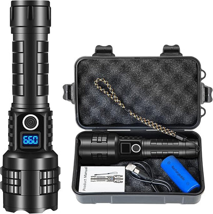 Flashlight High Lumens Rechargeable, Super Bright 100000 Lumen Xhp70.2 FlashLights, LED High Power Tactical Brightest Waterproof FlashLights, Handheld Emergency Flashlights for Camping Hiking